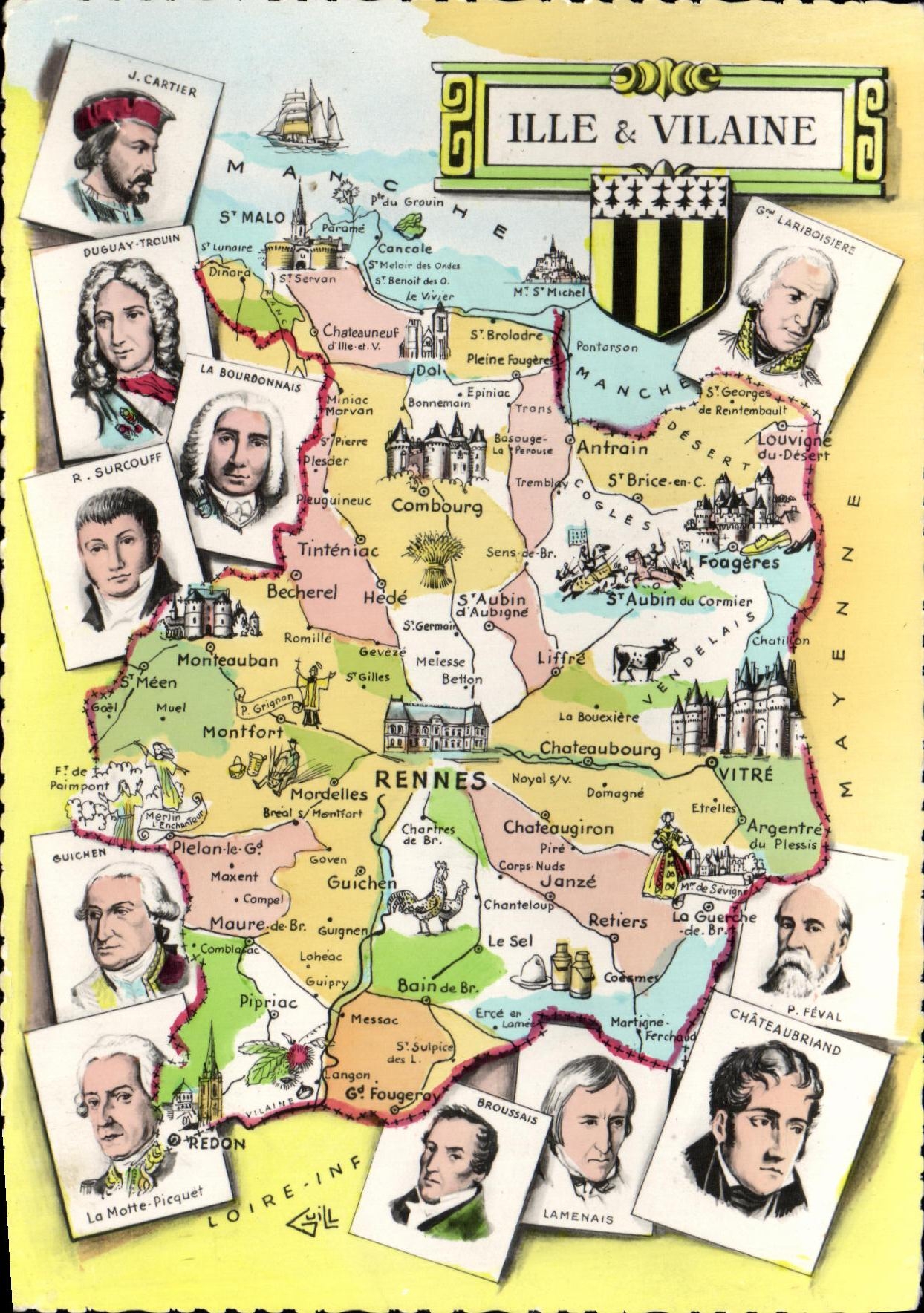 Ille & Vilaine — Carte historique avec portraits d'hommes illustres — Éditions NOZAIS