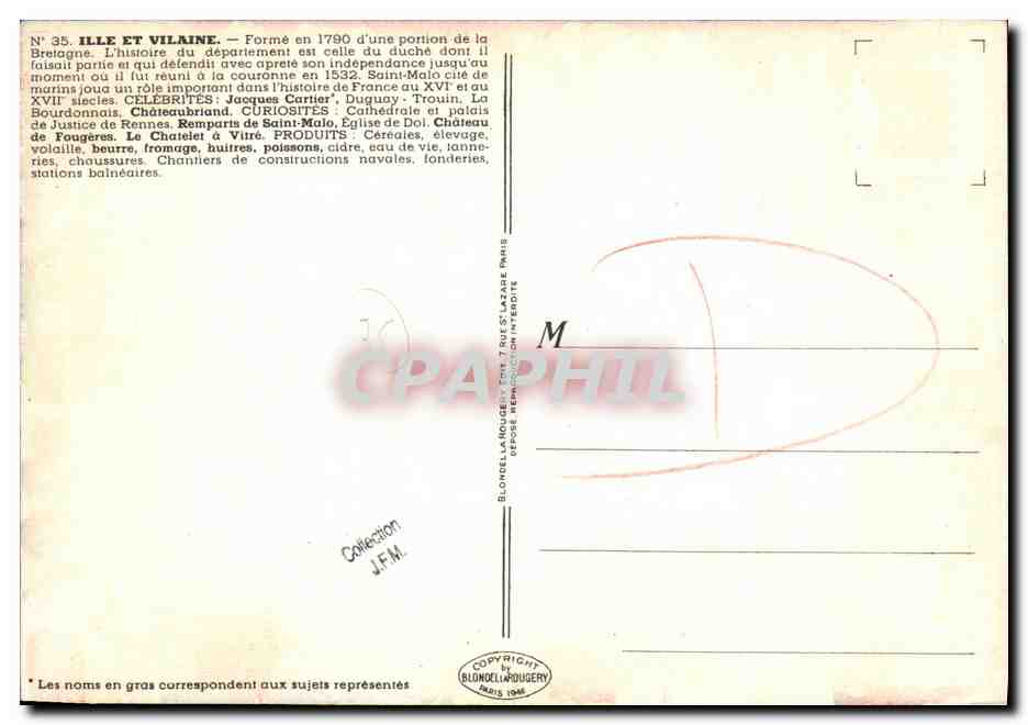 Ille-et-Vilaine — carte postale illustrée — éditeur Blondell Rougery, n°35 — Verso