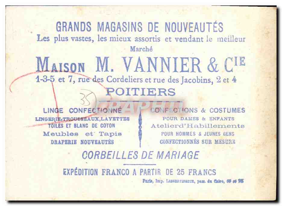Chromo Ille et Vilaine Magasins Vannier Rue des Cordeliers et Rue des Jacobins Poitiers — Rückseite