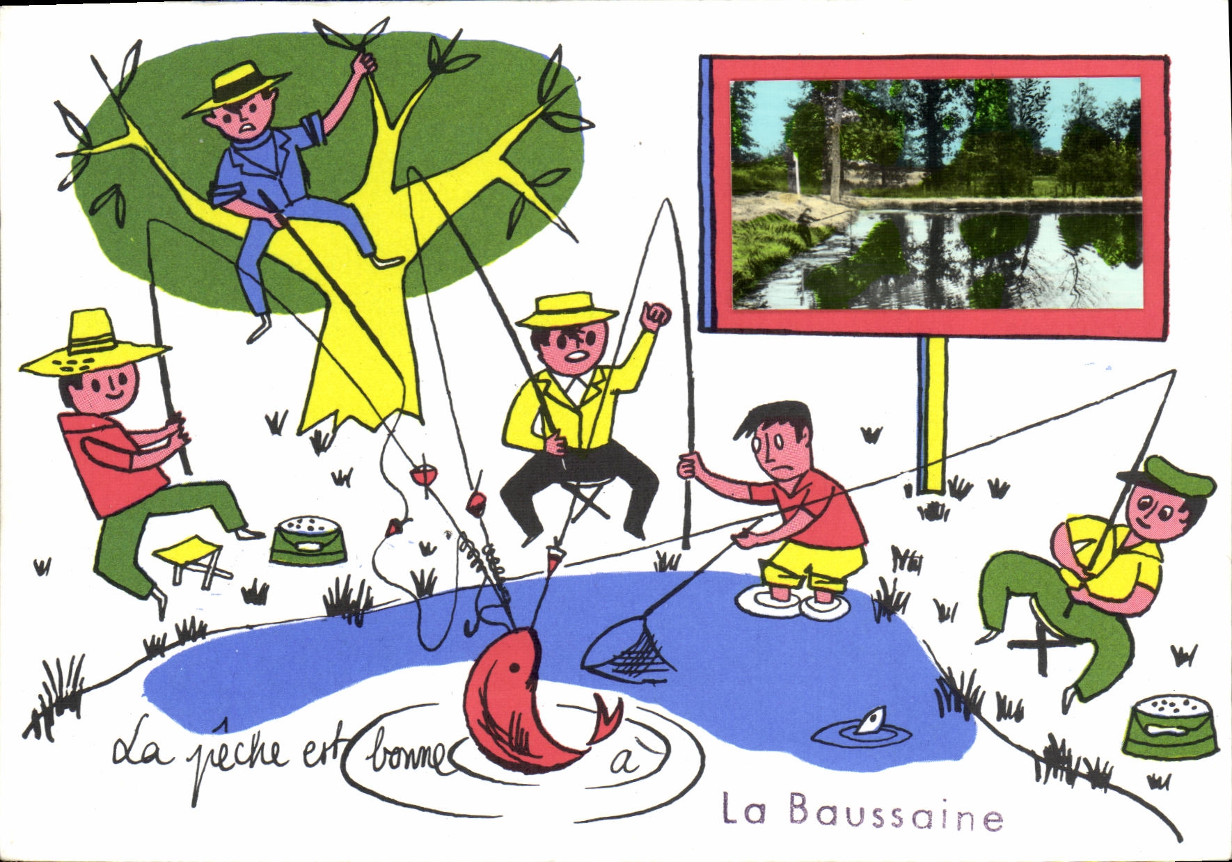 La Baussaine — Pêche — illustration humoristique avec photo d'arrière-plan