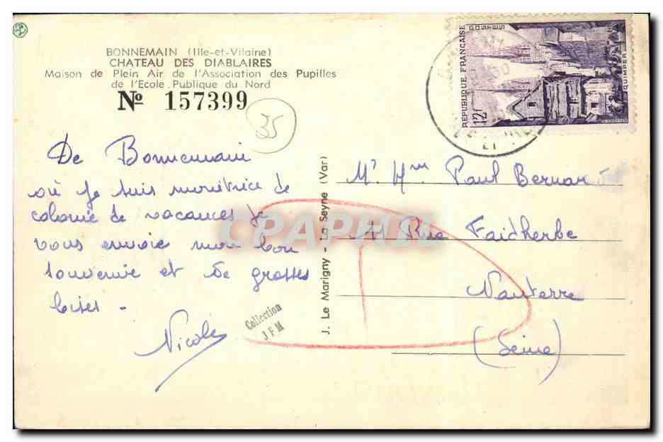 Château des Diablaires — Bonnemain (Ille-et-Vilaine) — Maison de l'Association des Pupilles de l'École Publique du Nord, N° 157399 — Verso