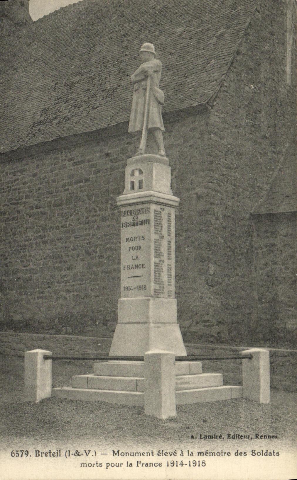 Breteil (I.&V.) — Monument élevé à la mémoire des soldats morts pour la France 1914-1918 — A. Lamiré, Editeur, Rennes