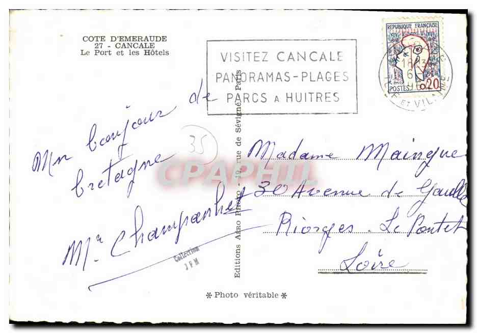 CPM Cancale Le Port et les Hotels Bateaux — Verso