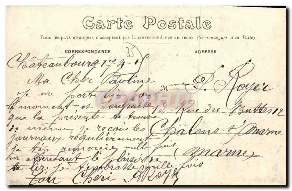 Châteaubourg (I.-et-V.) — Place et rue de la Gare — E. Mary-Rousselière, édit., Rennes — Verso