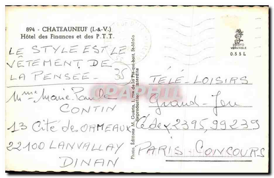 CPM Chateauneuf hotel des Finances et des P T T — Verso