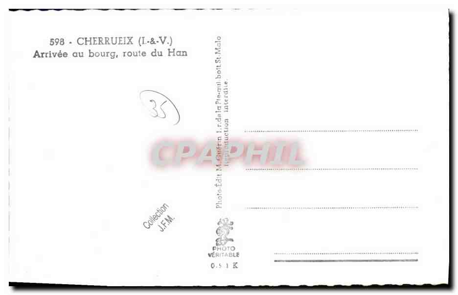 Cherrueix (I.&V.) — Arrivée au bourg, route du Han — Éditeur Emge — Verso