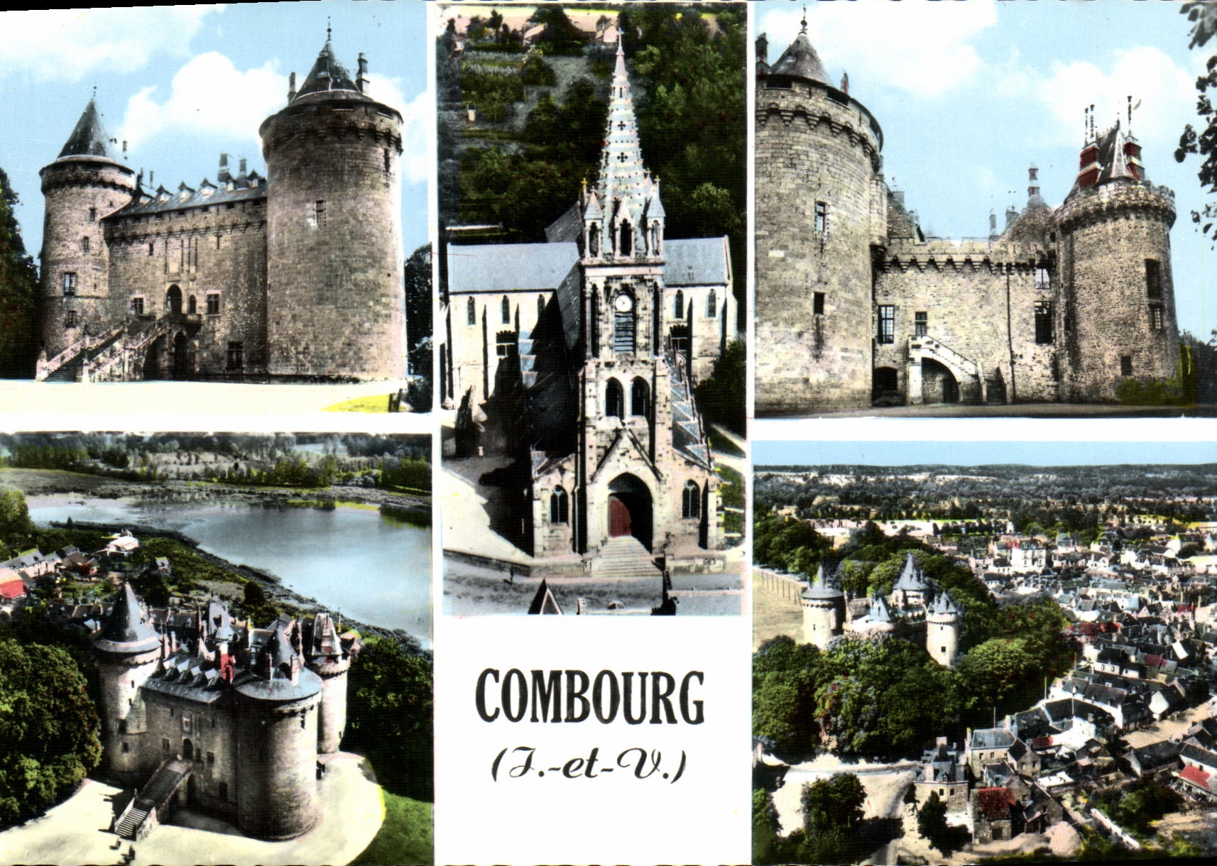 Combourog (J.-et-V.) — vue panoramique du château, de l'église et du village — Imprimeur Combiérier - Recto