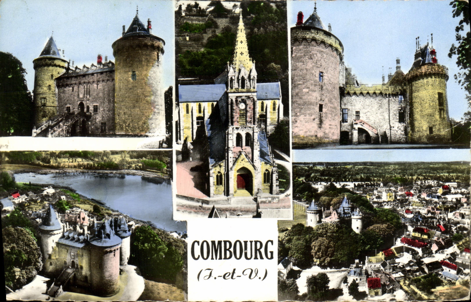 Combourog (Ille-et-Vilaine) — vue panoramique du château, de l'église et du village — éditeur Combiér, n° 000 - Anverso