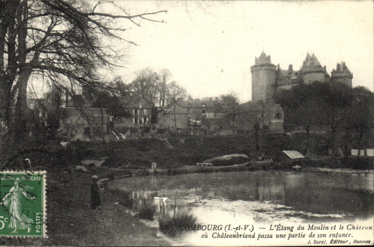 Combourg (I.-et-V.) — L'Étang du Moulin et le Château où Châteaubriand passa une partie de son enfance — J. Sorel, Éditeur, Rennes