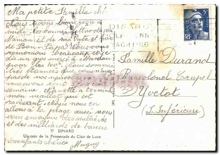 Dinard — Vue de la Promenade du Clair de Lune — CPAPHIL — Verso