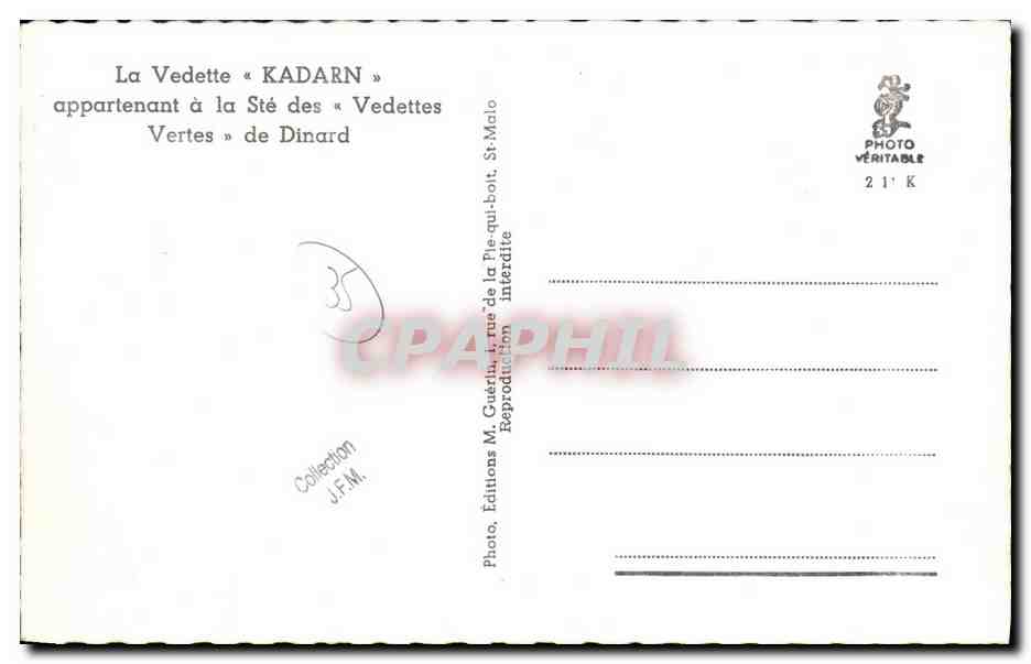 CPM Dinard La vedette Kadarn appartenant a la Ste des Vedettes Vertes de Dinard  — Rückseite