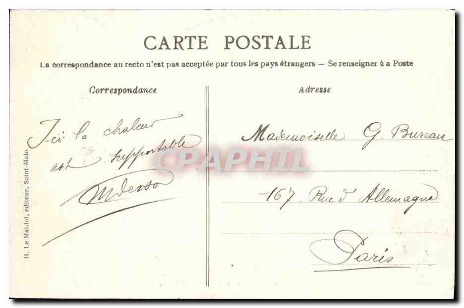 Dinard - La Plage et la Malouine — H. Le Mariot, éditeur, n° 1404 — Verso