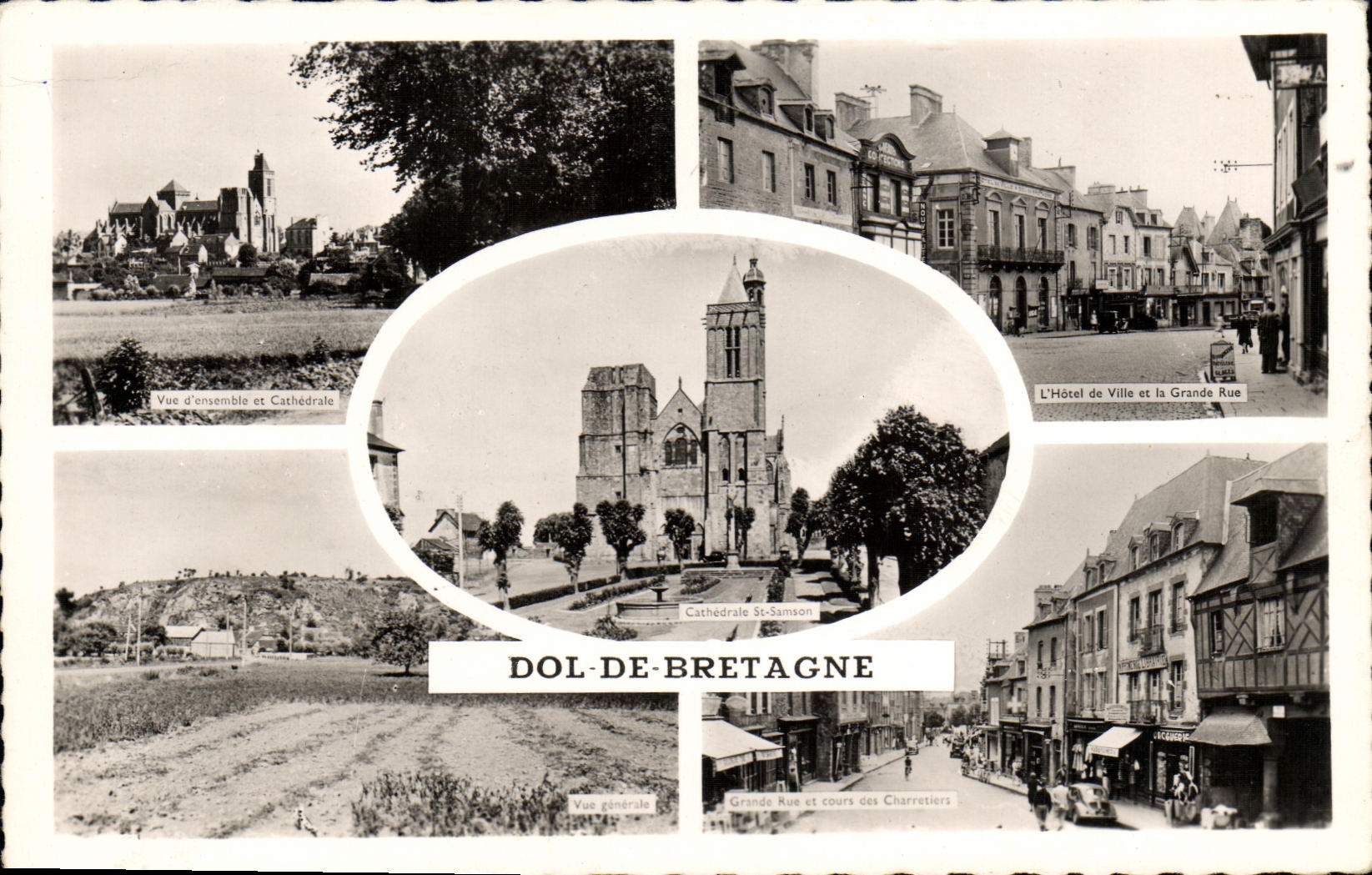 CPM Dol de Bretagne Vue d ensemble de la cathedrale Hotel de ville et la grande rue Cours des Charretiers