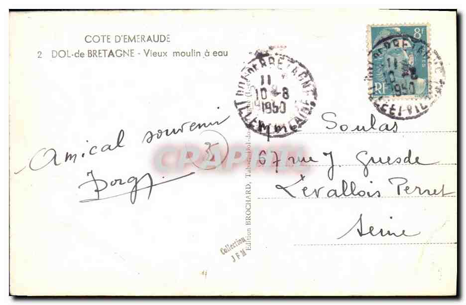 Dol-de-Bretagne — Vieux moulin à eau — Édition Brochard, n°2 — Rückseite