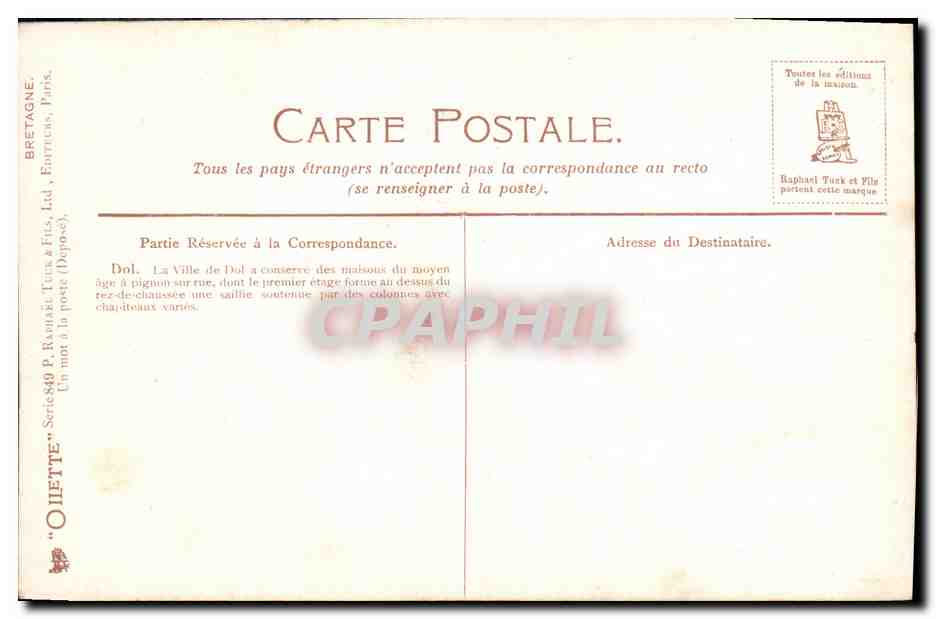 CPA Une Rue de Dol — Verso