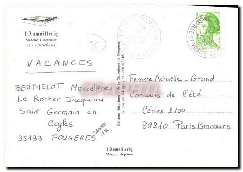 L'Aumailierie — Bar-Restaurant — Imprimerie de la Chronique de Fougères — Rückseite