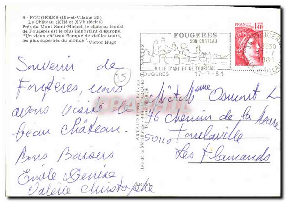 Fougères — Château féodal — Éditeur ARTAUD Frères — Reverso
