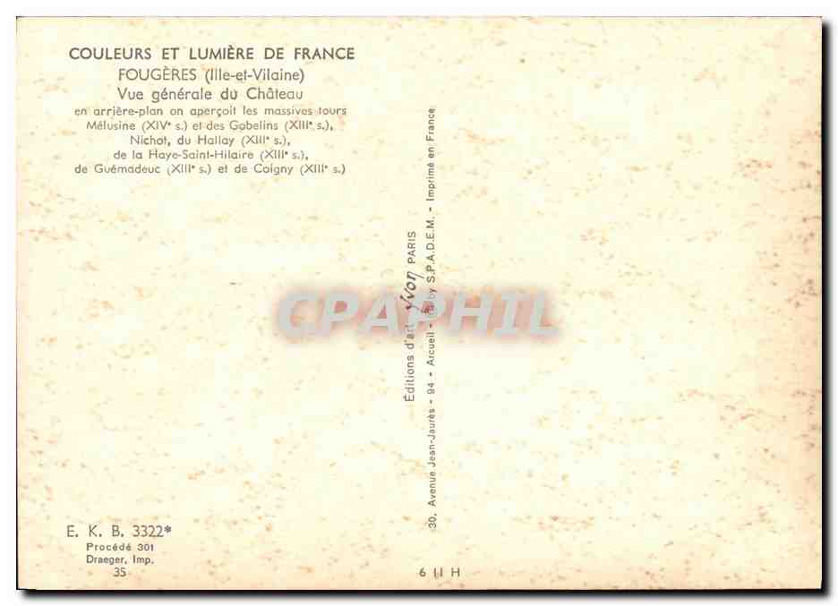 CPM Couleurs et Lumiere de France Fougeres Vue generale du Chateau — Rückseite