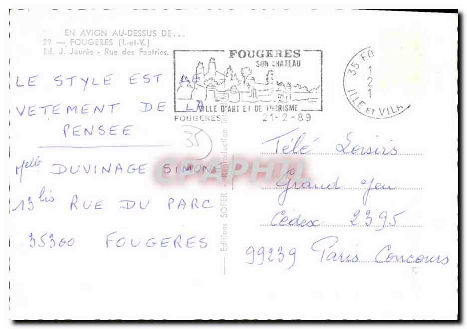 Vista aérea de Fougères — Ed. J. Jaurès - Rue des Foutries — n°29 — Reverso