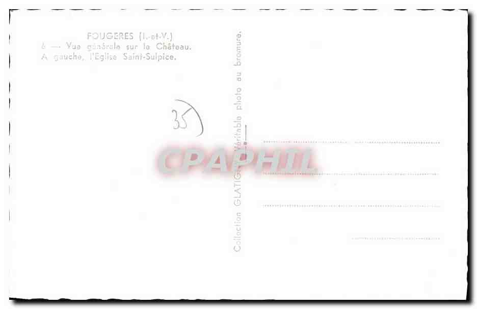 CPM Fougeres Vue generale sur le Chateau A gauche l Eglise Saint Sulpice — Verso