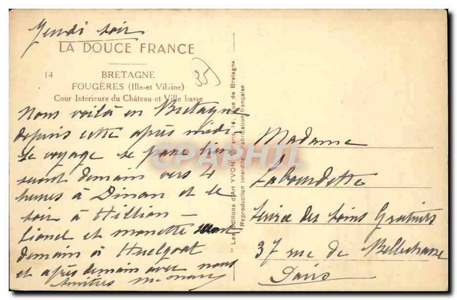 Fougères — Cour intérieure du château et ville basse — Les Éditions d'Art YVON — Rückseite