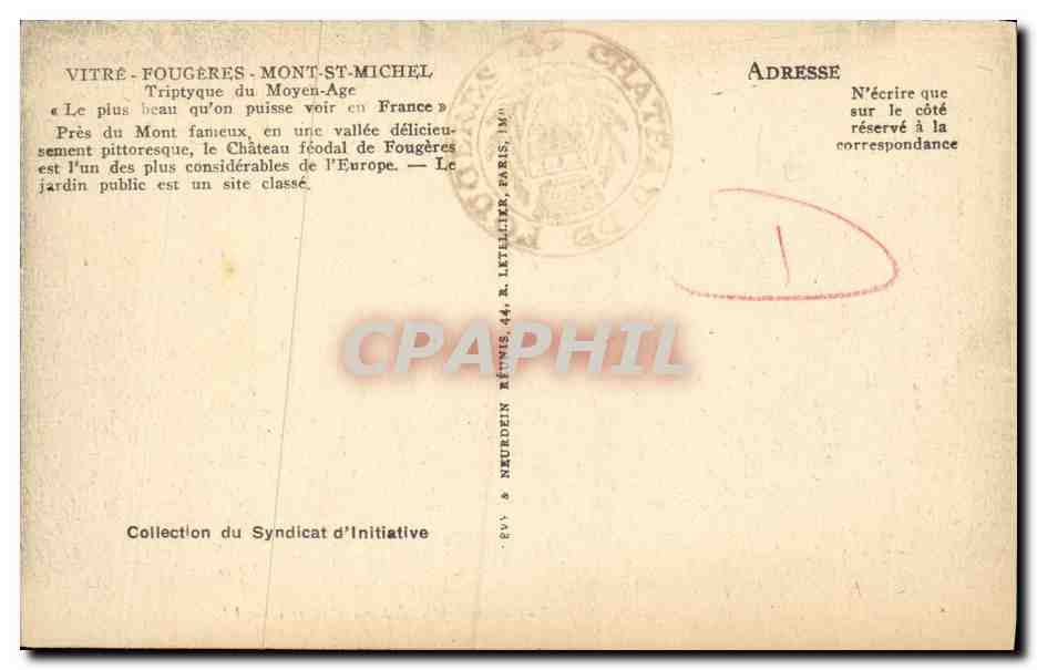 Fougeres — Les quatre Moulins du Château — LL — Verso