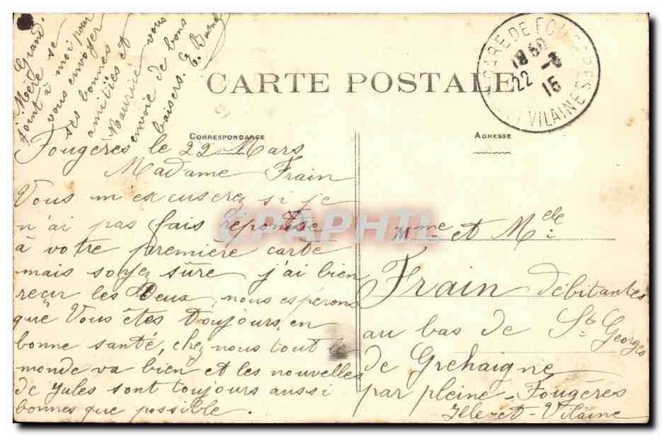 Fougères (I.&-V.) — Ansicht des Schlosses — La Tour des Gobelins & La Tour de Coigny — E. Gouëdel, Verleger — Rückseite
