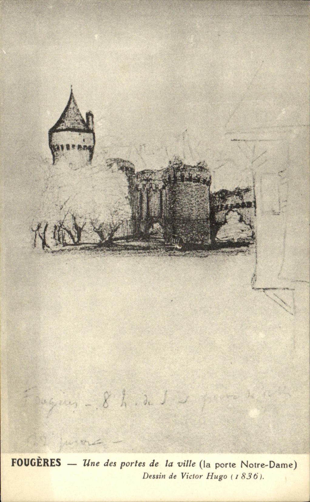 Fougères — Une des portes de la ville (la porte Notre-Dame) — Dessin de Victor Hugo (1836)