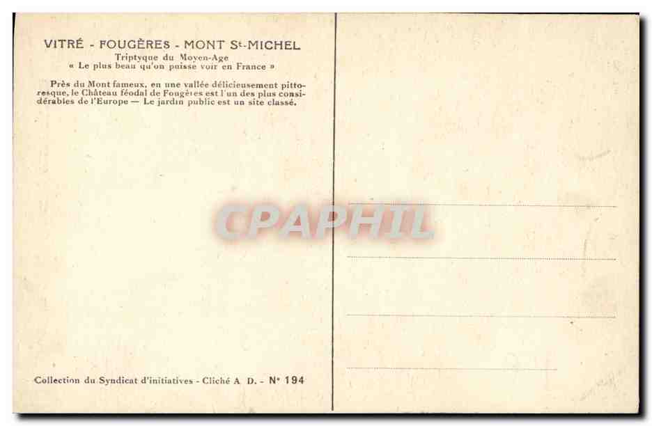 Château de Fougères — La Tour Raoul (1480) — Collection du Syndicat d'initiatives, Cliché A, N° 194 — Rückseite