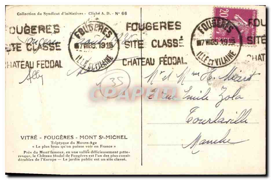 CPA Chateau de Fougeres Courtine Nord — Verso