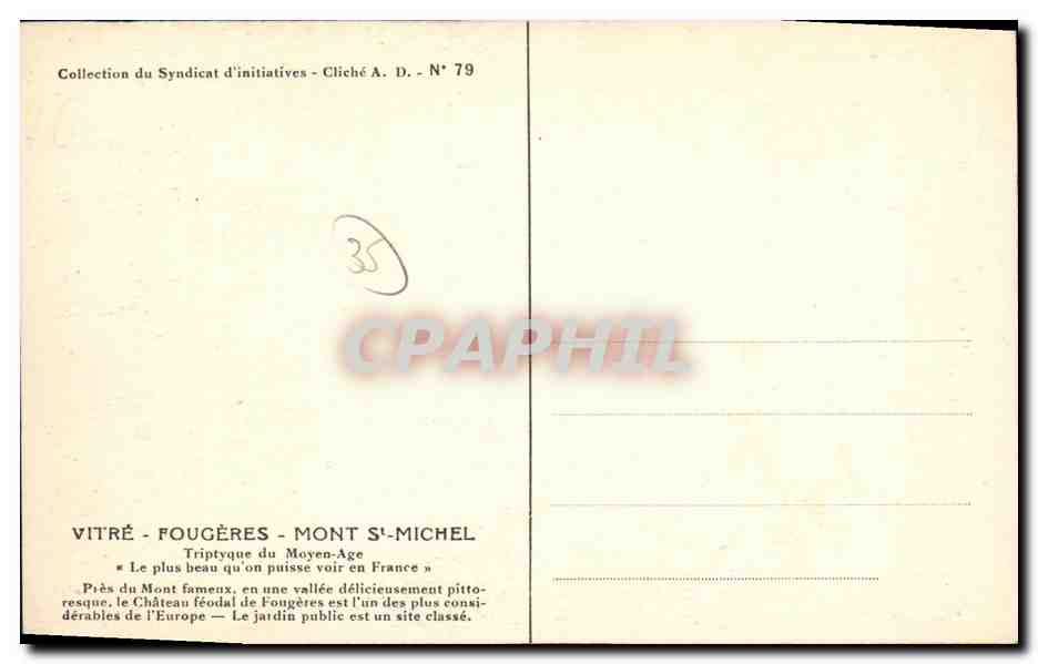 Fougères — Rue de la Fourchette et rue Pinterie. À gauche, l'église St-Sulpice (classée), à droite, l'entrée du château. — Rückseite