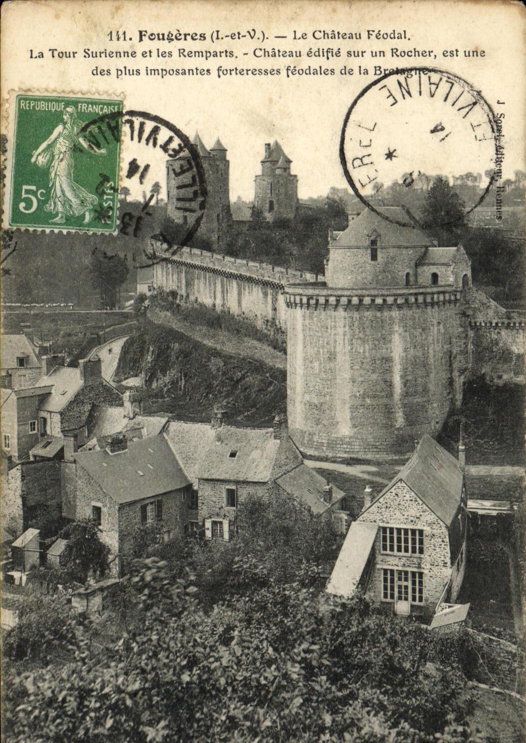 Fougères (I.-et-V.) — Le Château Féodal, La Tour Surienne et les Remparts — éditeur J. Sorel, n° 141
