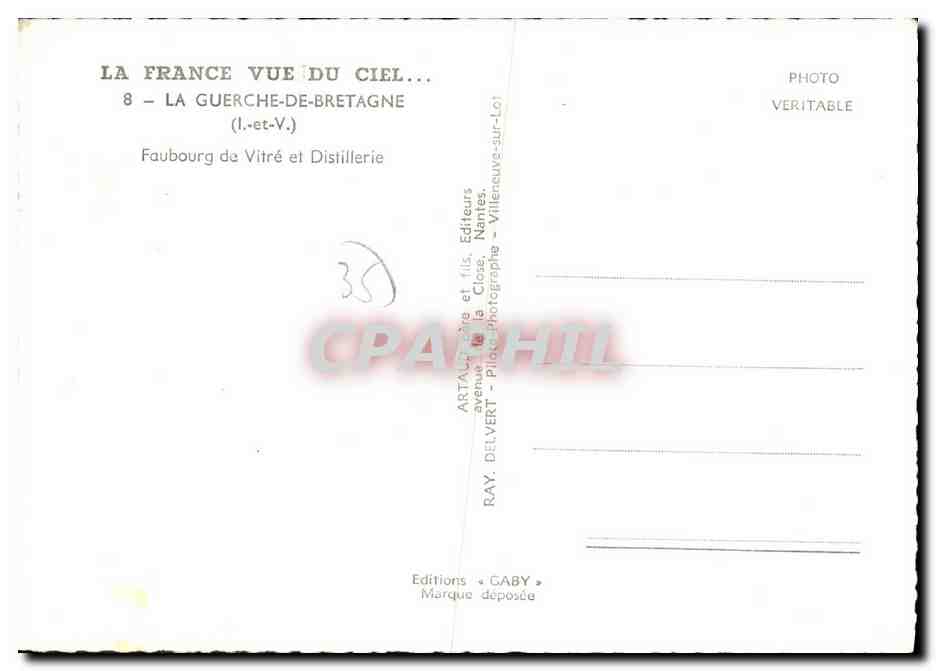 La Guerche-de-Bretagne — Faubourg de Vitré et Distillerie — Éditeur Gaby — Verso