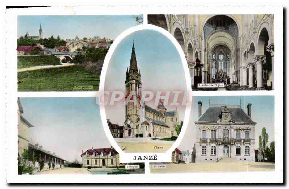 Janzé — Vue générale, l'église, la mairie, intérieur de l'église — Éditions Artaud & Fils, Nantes