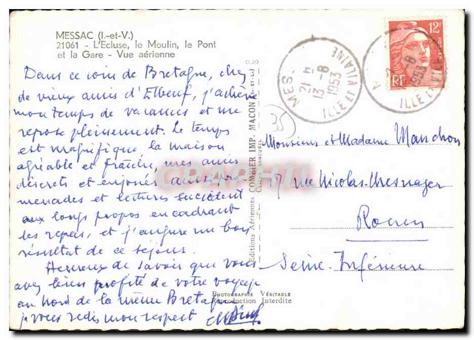 CPM Messac L Ecluse le Moulin le Pont et la gare Vue aerienne  — Rückseite
