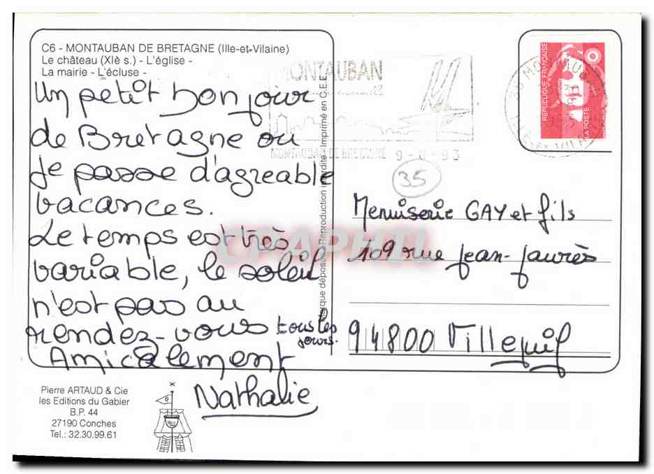 Montauban-de-Bretagne — château, église, mairie, écluse — Pierre ARTAUD & Cie — Verso
