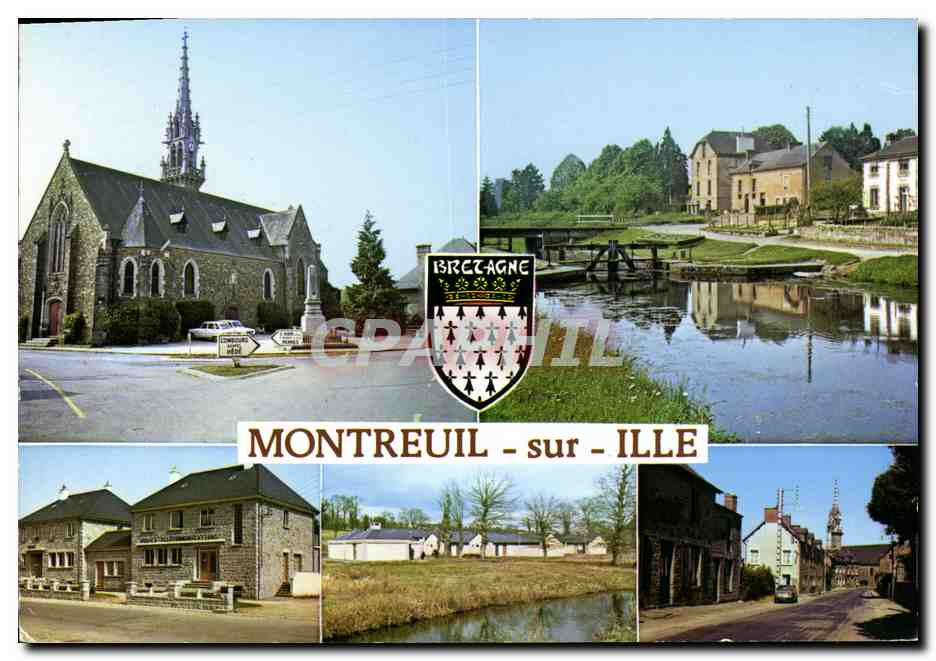 CPM Montreuil Sur Ille Eglise Ecluse Mairie et Poste