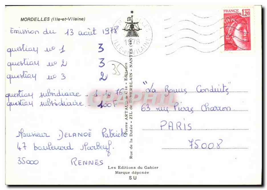 Mordelles — Ansicht des Rathauses, Kirche, Platz und Schlösser — Éditions Pierre Artaud & Cie — Rückseite