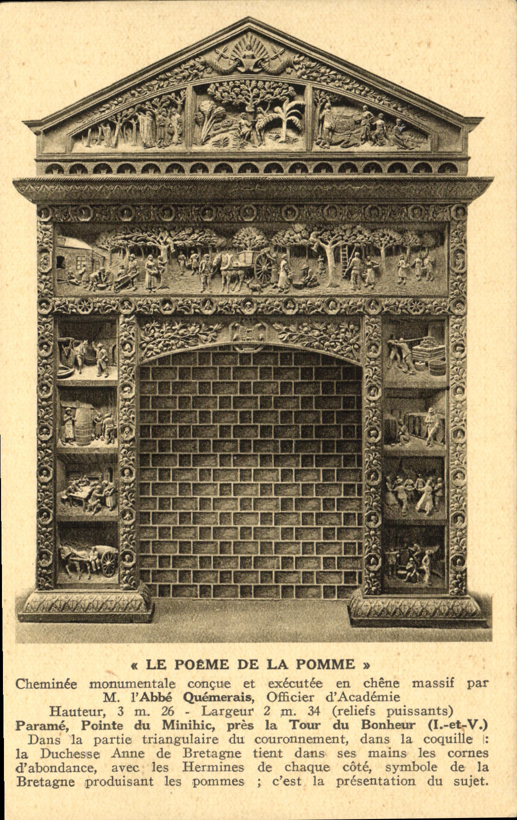 Cheminée monumentale « Le Poème de la Pomme » — sculptée en chêne massif par M. l'Abbé Quémerais, Officier d'Académie — Pointe du Minihic, près la Tour du Bonheur (I.-et-V.)