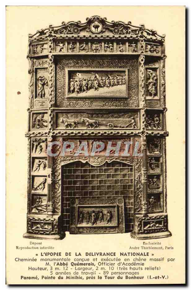 Cheminée monumentale « L'Épopée de la Délivrance Nationale » — conçue et exécutée en chêne massif par M. l'Abbé Quémérail, Paris