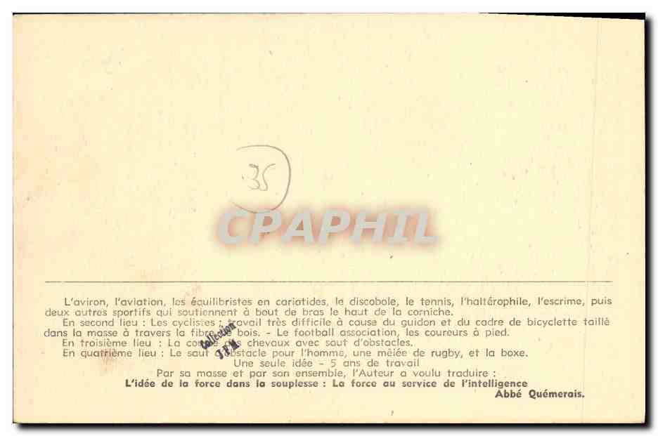 CPA Parame Apotheose des sports Bilbliotheque monumentale Abbe Quemerais  — Rückseite