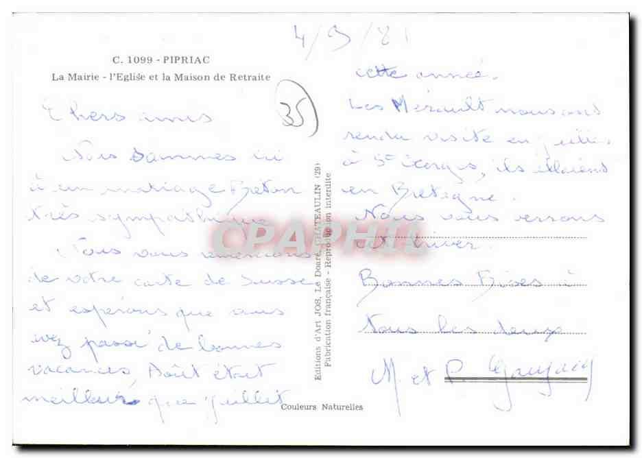 Pipriac — vue de la mairie, de l'église et de la maison de retraite — Éditions d'Art JOB, Le Douré, Châteaulin (29) — Verso