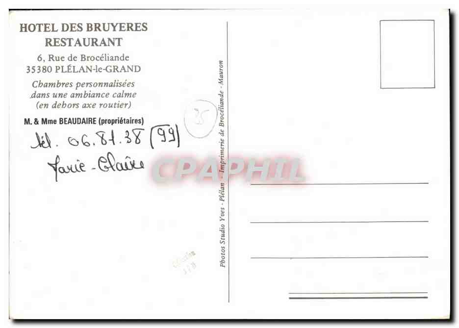 CPM hotel des Bruyeres Rue de Broceliande Plelan le Grand Restaurant  — Rückseite