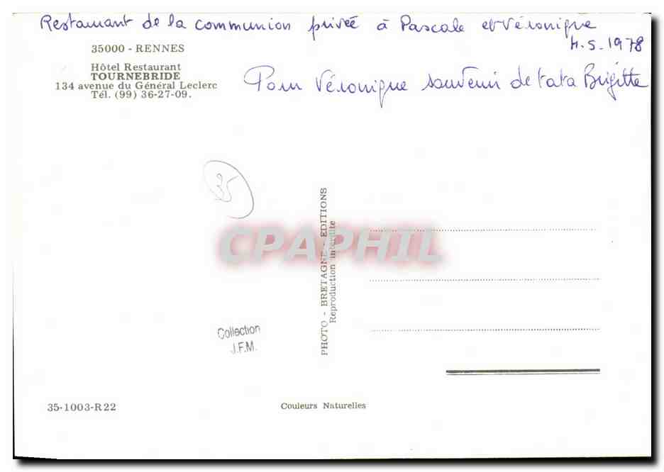 CPM Rennes Tournebride Hotel Restaurant Avenue du General Leclerc — Rückseite