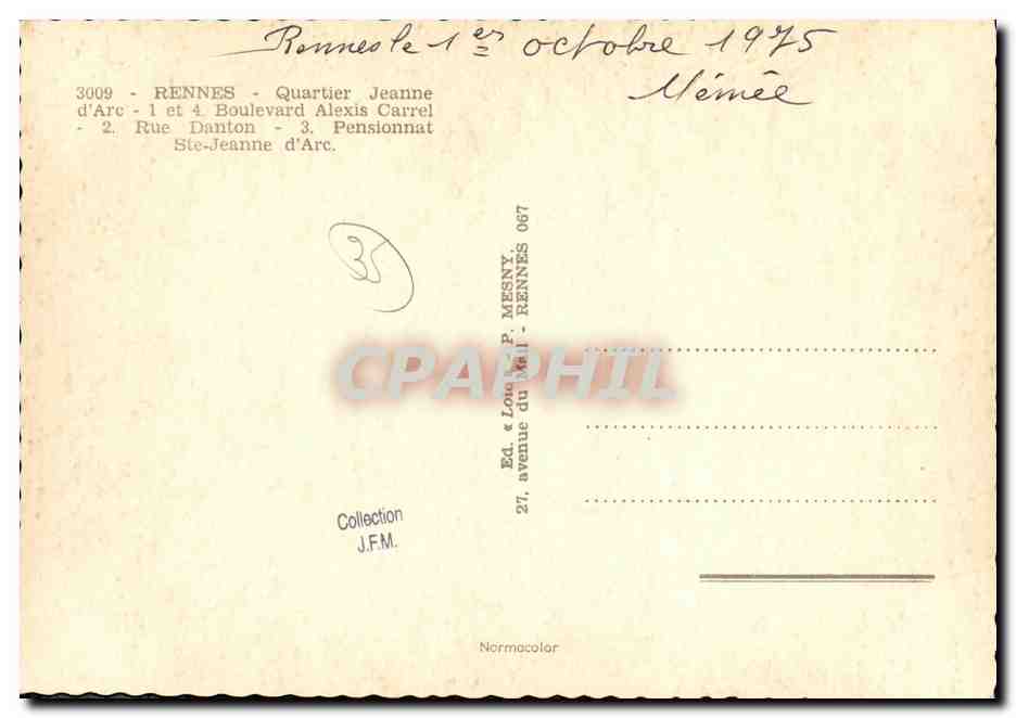 Quartier Jeanne d'Arc — Rennes — éditeur P. Mesny, n° 3009 — Reverso