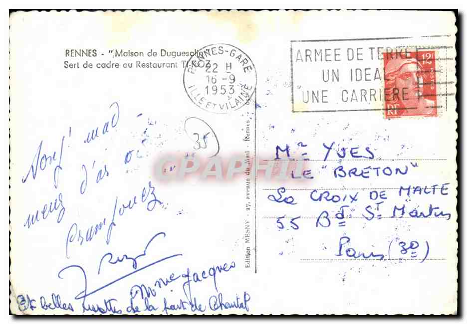 CPM Rennes Maison de Duguesclin Sert de carde au Restaurant Ti Koz — Verso