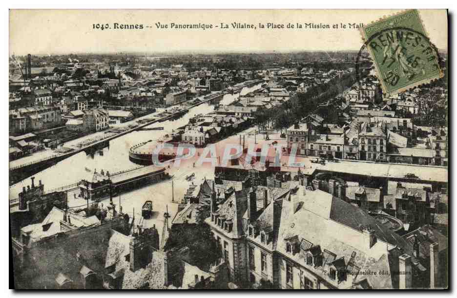 Rennes -- Vue Panoramique -- La Vilaine, la Place de la Mission et le Mail -- F. D. Housselière édit., Rennes