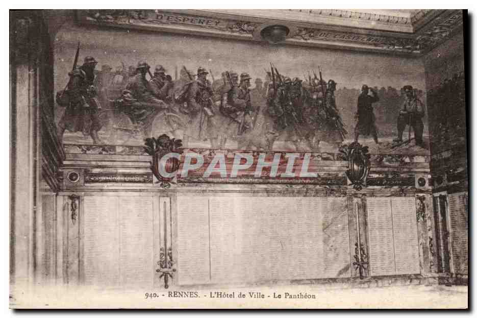 Rennes - L'Hôtel de Ville - Le Panthéon — fresque militaire avec noms gravés — éditeur Laurent-Né, Rennes, n° 940