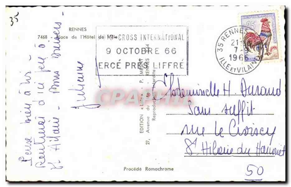Place de l'Hôtel de Ville à Rennes — édition Loïc, n° 7468 — Verso