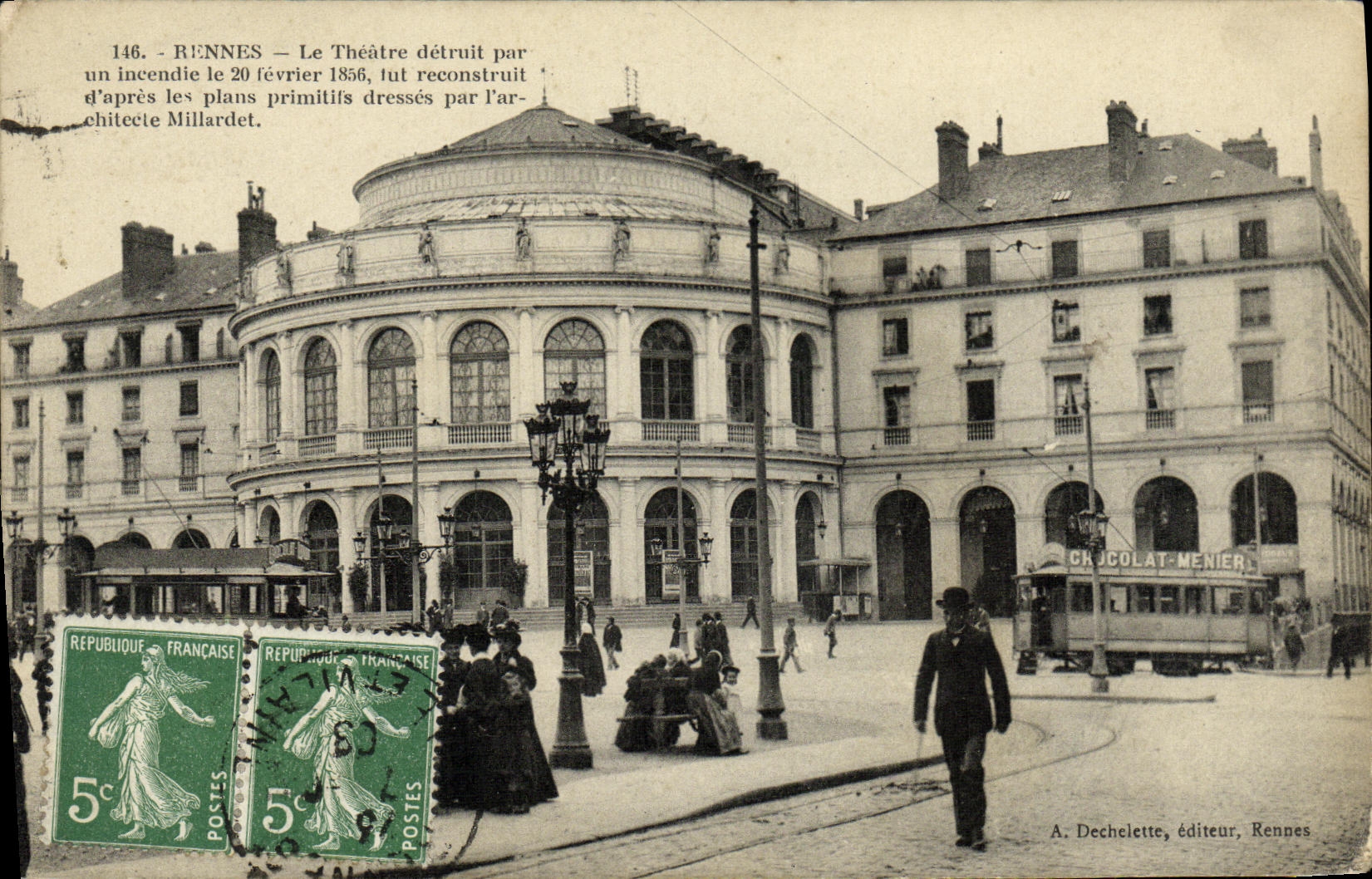 Rennes — Das Theater, zerstört durch einen Brand am 20. Februar 1856, wurde nach den Plänen des Architekten Millardet wiederaufgebaut — A. Dechelette, Verlag, Rennes